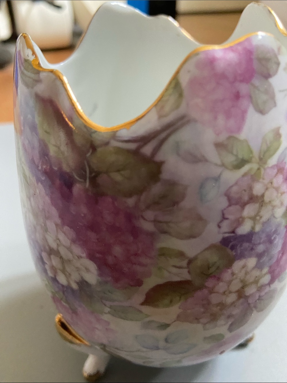 Hand-Painted Purple Hydrangea Porcelain Vase with Gold Trim